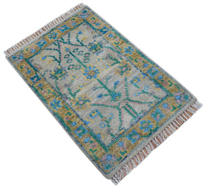 Hand Knotted 2x3 Traditional Design Gray And Green Wool Area Rug