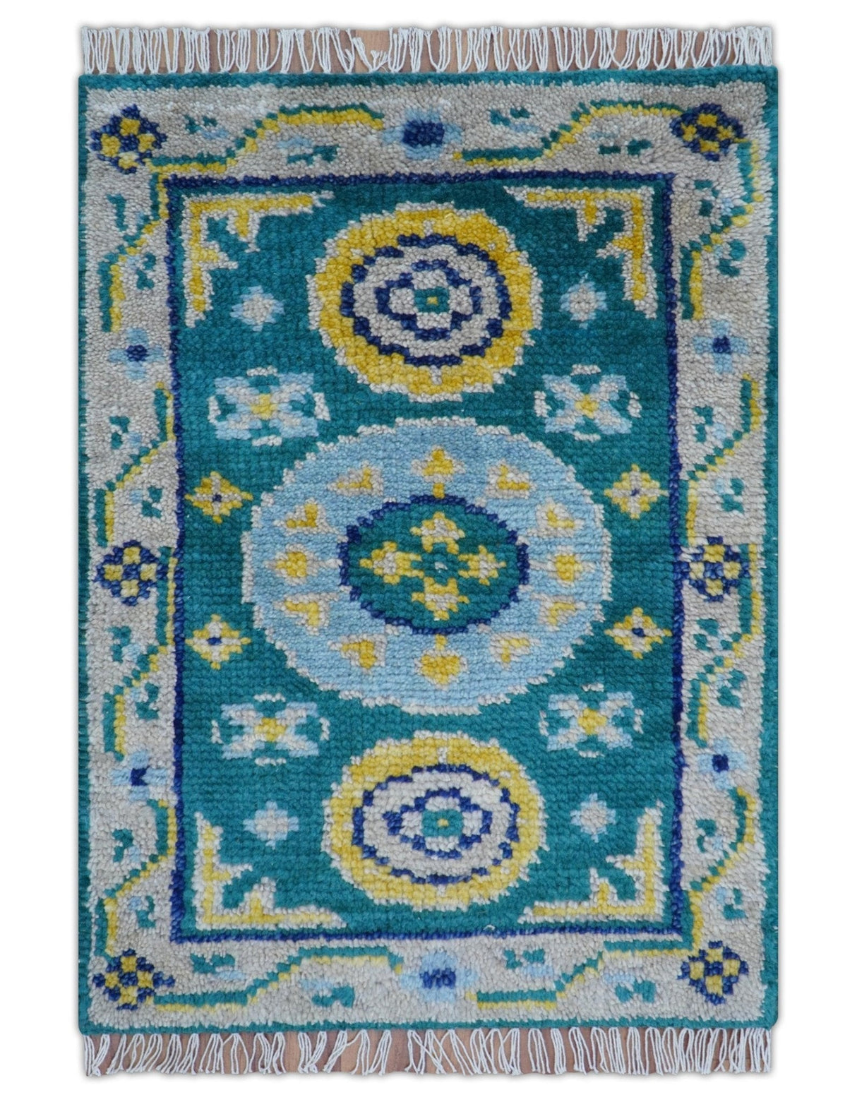 Hand Knotted 2x3 Traditional Khotan Design Teal And Mustard Wool Rug