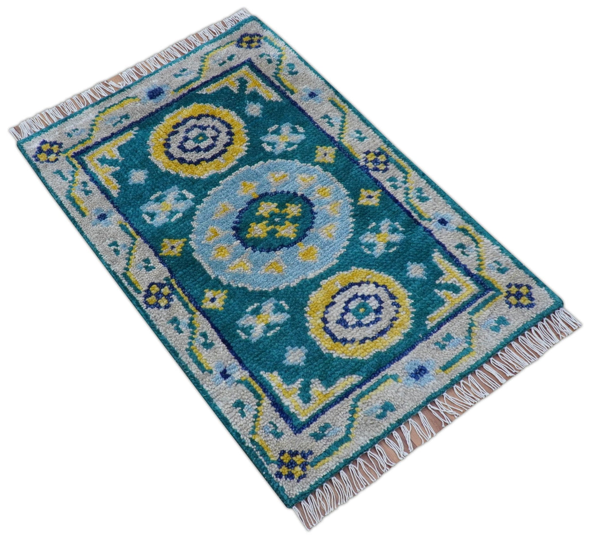 Hand Knotted 2x3 Traditional Khotan Design Teal And Mustard Wool Rug