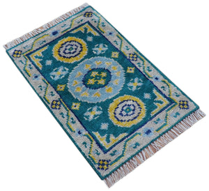 Hand Knotted 2x3 Traditional Khotan Design Teal And Mustard Wool Rug