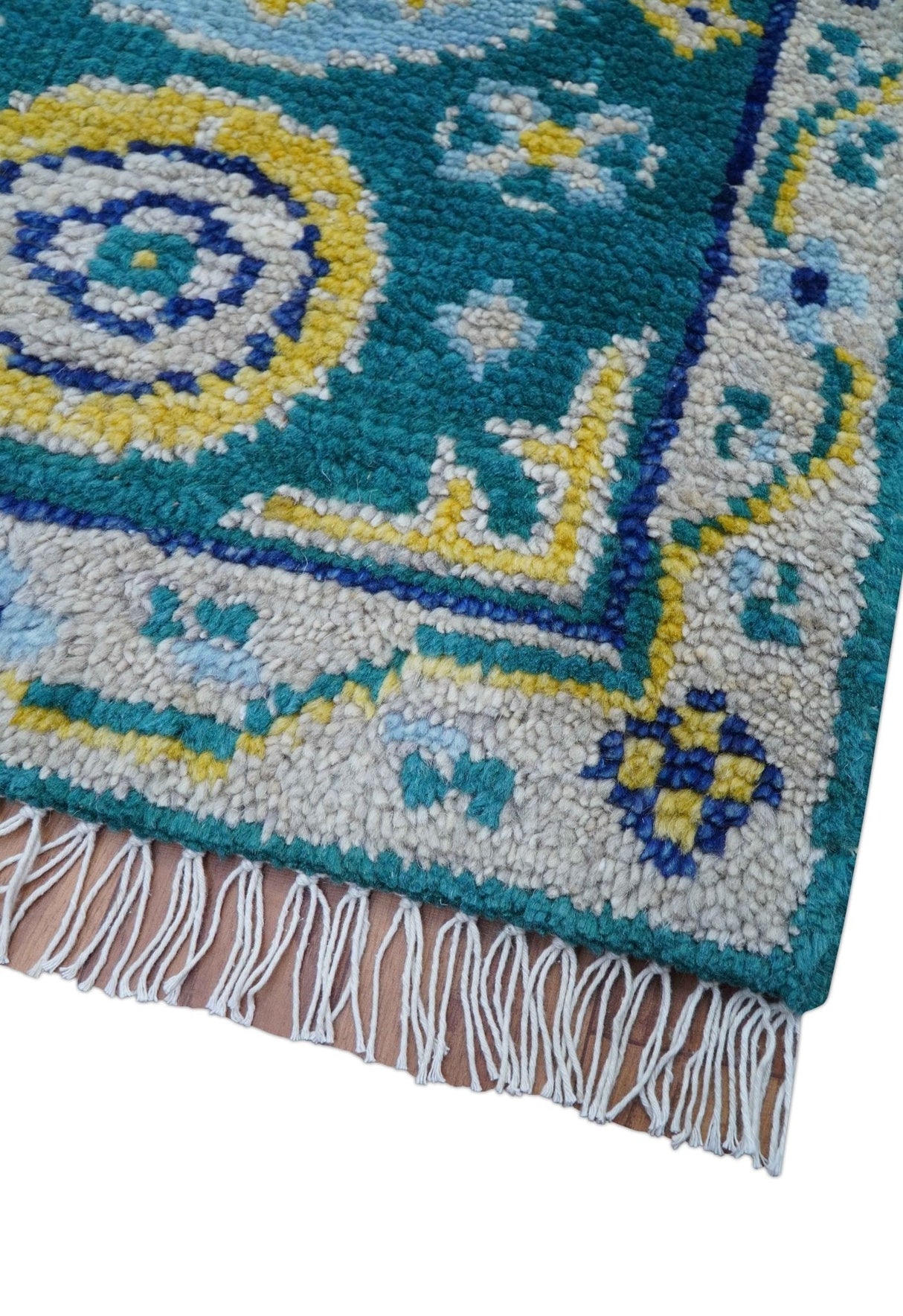 Hand Knotted 2x3 Traditional Khotan Design Teal And Mustard Wool Rug