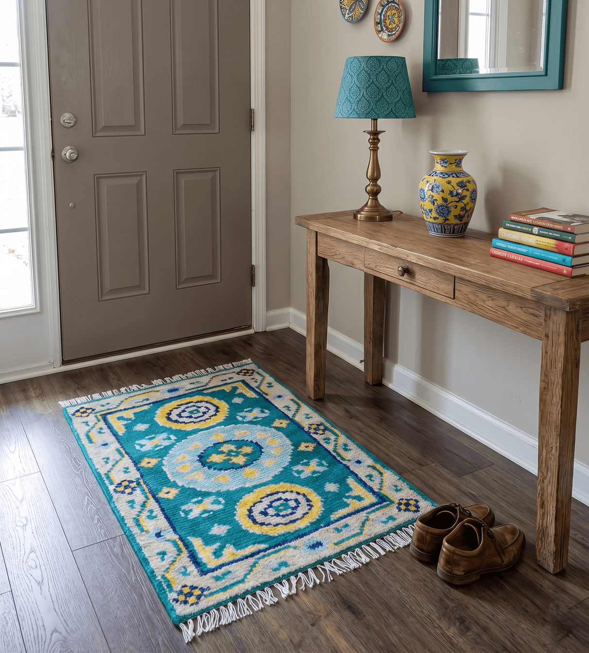 Hand Knotted 2x3 Traditional Khotan Design Teal And Mustard Wool Rug