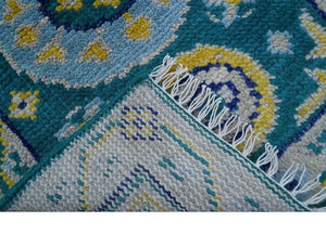 Hand Knotted 2x3 Traditional Khotan Design Teal And Mustard Wool Rug