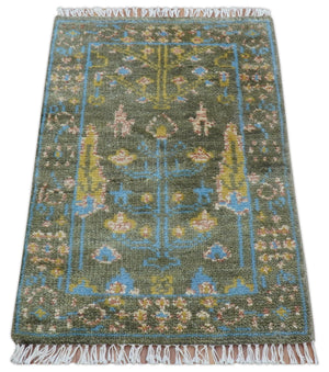 Hand Knotted 2x3 Traditional Tree of life Olive Wool Area Rug
