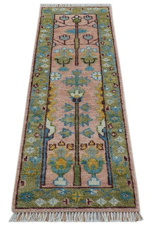 Hand knotted 2x6 Peach And Green Traditional Oushak Design Wool Area Rug