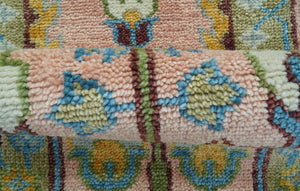 Hand knotted 2x6 Peach And Green Traditional Oushak Design Wool Area Rug