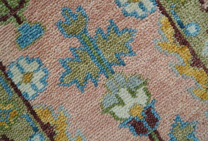 Hand knotted 2x6 Peach And Green Traditional Oushak Design Wool Area Rug