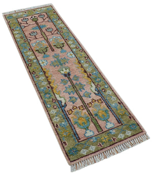 Hand knotted 2x6 Peach And Green Traditional Oushak Design Wool Area Rug