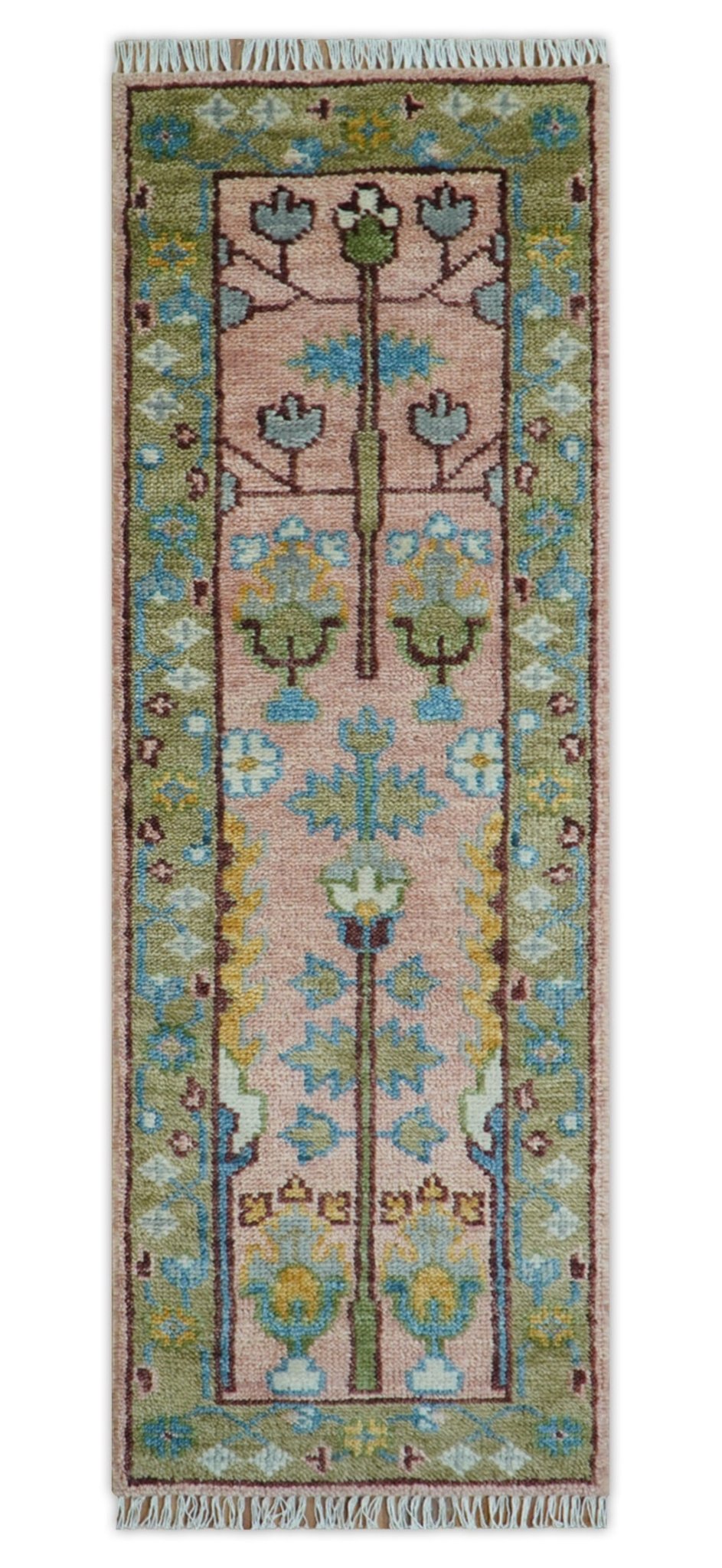 Hand knotted 2x6 Peach And Green Traditional Oushak Design Wool Area Rug