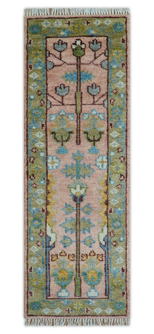 Hand knotted 2x6 Peach And Green Traditional Oushak Design Wool Area Rug