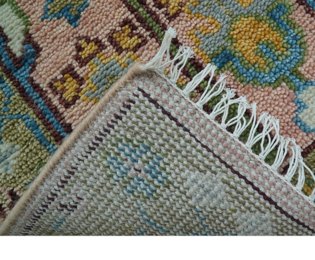 Hand knotted 2x6 Peach And Green Traditional Oushak Design Wool Area Rug