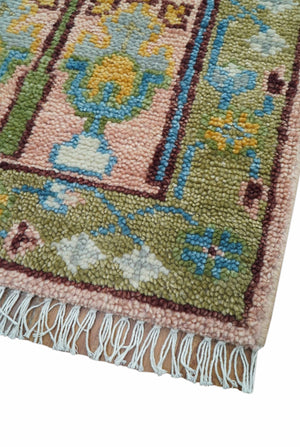 Hand knotted 2x6 Peach And Green Traditional Oushak Design Wool Area Rug