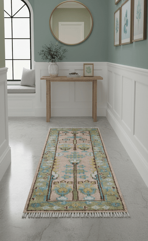 Hand knotted 2x6 Peach And Green Traditional Oushak Design Wool Area Rug