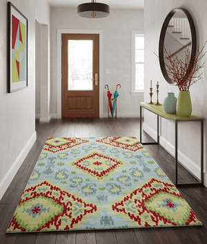 Hand Knotted 4.5x6.5 Silver, Mustard and Red Recycled Silk Area Rug
