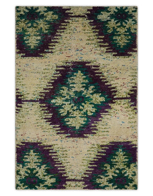 Hand Knotted 4x6 Beige and Green Persian Recycled Silk Area Rug
