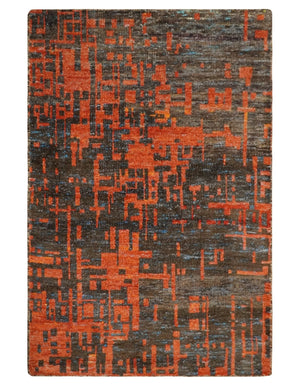 Hand Knotted 4x6 Rust and Charcoal Modern Abstract  Recycled Silk Area Rug
