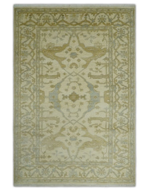 Hand Knotted 4x6 Oriental Oushak Beige an Gray Wool Area Rug, Small Turkish Design Rug | N35146