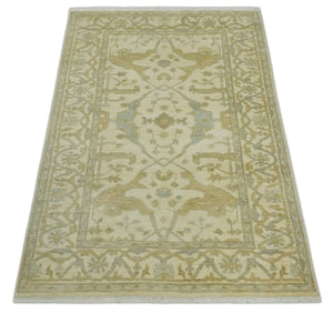 Hand Knotted 4x6 Oriental Oushak Beige an Gray Wool Area Rug, Small Turkish Design Rug | N35146