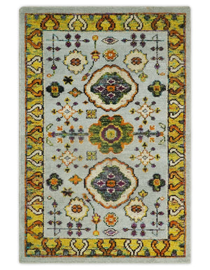 Hand Knotted 4x6 Silver, Mustard and Gold Persian Oushak Recycled Silk Area Rug