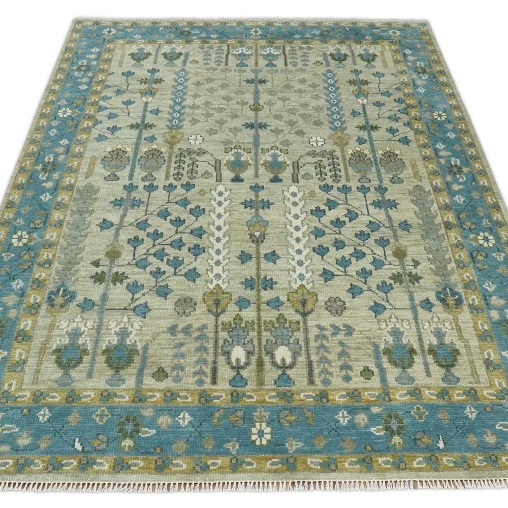Tree of life Hand Knotted Traditional Beige and Blue Vintage Style Custom Made Wool Area Rug