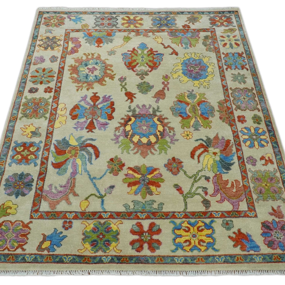 Custom Made Hand Knotted Beige with multicolor Traditional Oushak Wool area Rug