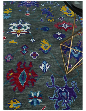 Hand Knotted Charcoal and Ivory Traditional Oushak Style Wool Rug