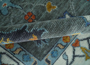 Hand Knotted Charcoal And Ivory Traditional Oushak Wool Area Rug