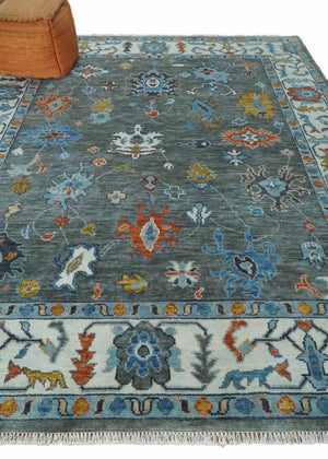 Hand Knotted Charcoal And Ivory Traditional Oushak Wool Area Rug