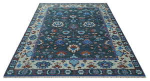 Hand Knotted Teal, Blue and Ivory Traditional Oriental Oushak Wool Area Rug