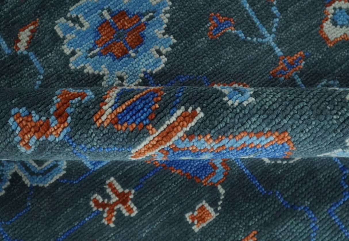 Hand Knotted Teal, Blue and Ivory Traditional Oriental Oushak Wool Area Rug