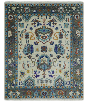Hand Knotted Ivory, Charcoal and Blue Traditional Oushak Multi size Wool Area Rug