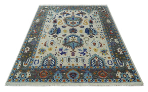 Hand Knotted Ivory, Charcoal and Blue Traditional Oushak Multi size Wool Area Rug