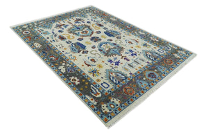 Hand Knotted Ivory, Charcoal and Blue Traditional Oushak Multi size Wool Area Rug
