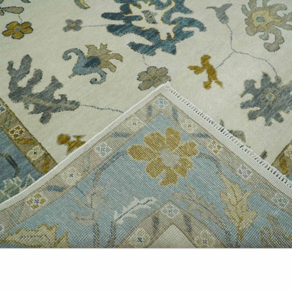 Hand Knotted Ivory, Silver and Blue Traditional Oushak Custom Made Wool Area Rug