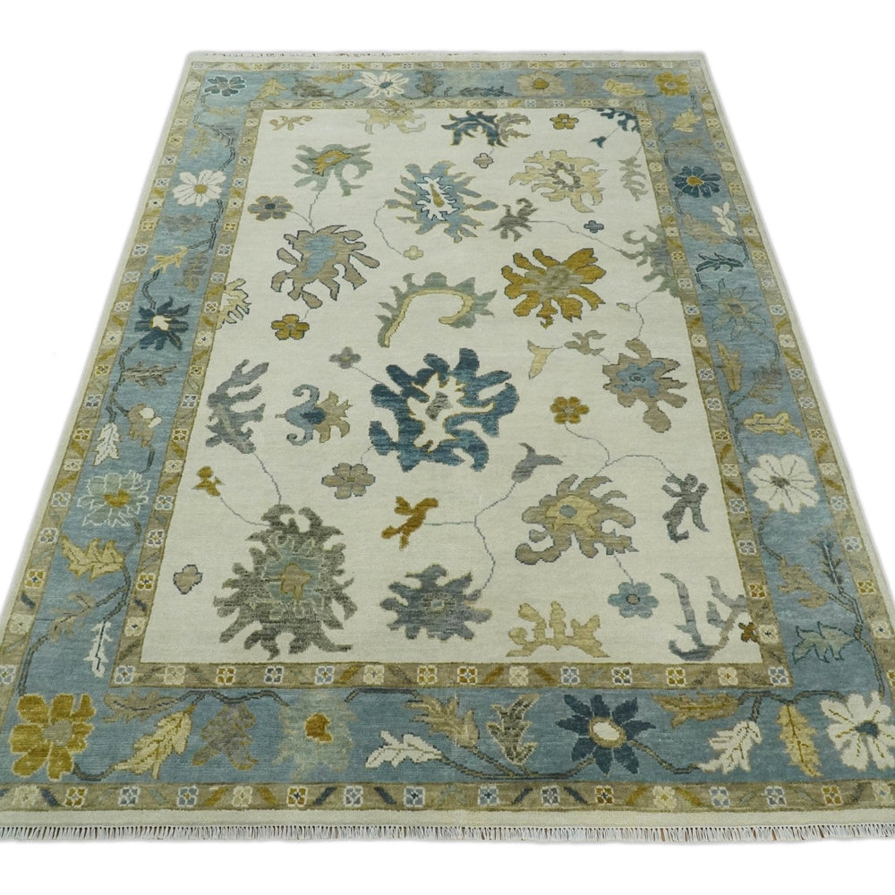 Hand Knotted Ivory, Silver and Blue Traditional Oushak Custom Made Wool Area Rug