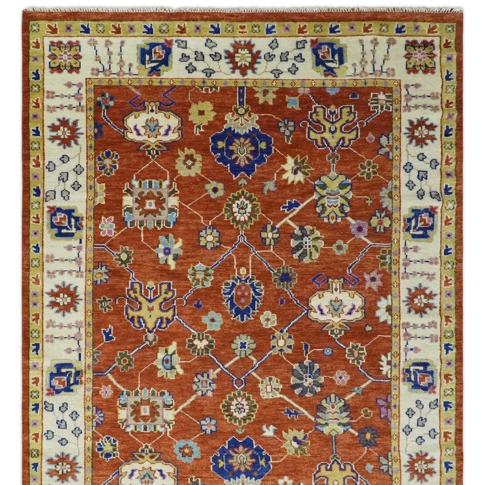 Rust, Ivory and Blue Hand Knotted Oriental Oushak Custom Made wool Area Rug