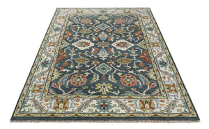 Custom Made Hand Knotted Teal, Blue and Ivory Traditional Oushak Wool Area Rug