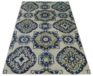 Hand Knotted 5x8 Beige, Blue and Olive Modern Style Recycled Silk Area Rug