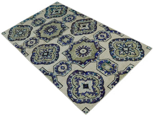 Hand Knotted 5x8 Beige, Blue and Olive Modern Style Recycled Silk Area Rug