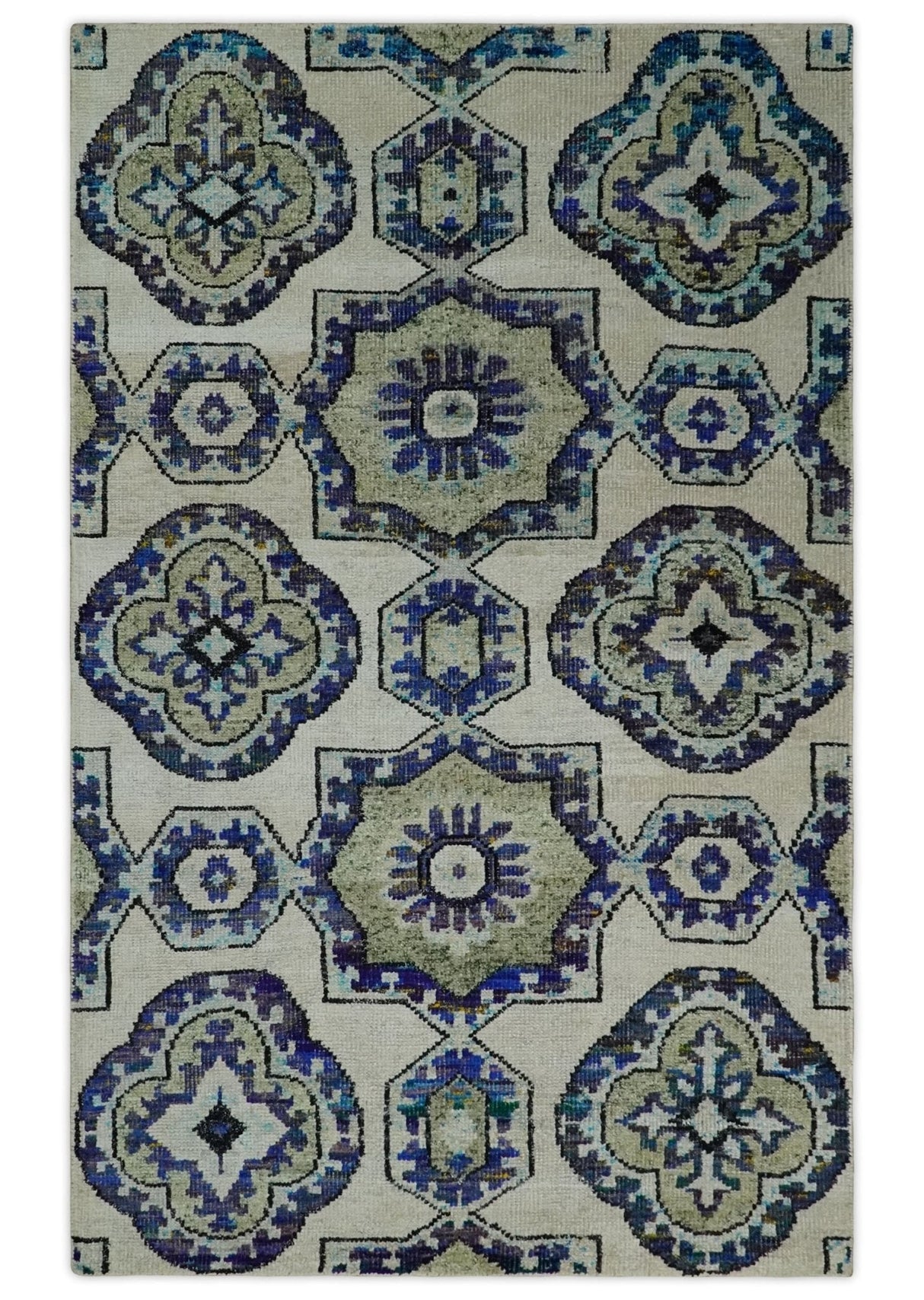 Hand Knotted 5x8 Beige, Blue and Olive Modern Style Recycled Silk Area Rug
