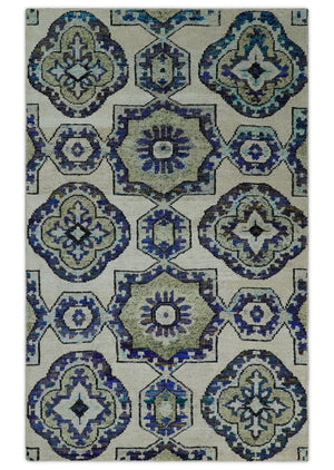Hand Knotted 5x8 Beige, Blue and Olive Modern Style Recycled Silk Area Rug