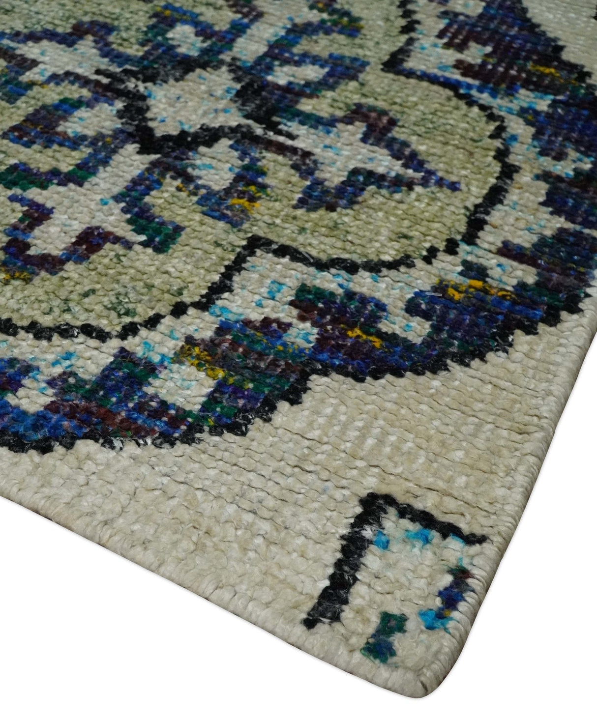 Hand Knotted 5x8 Beige, Blue and Olive Modern Style Recycled Silk Area Rug