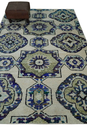 Hand Knotted 5x8 Beige, Blue and Olive Modern Style Recycled Silk Area Rug