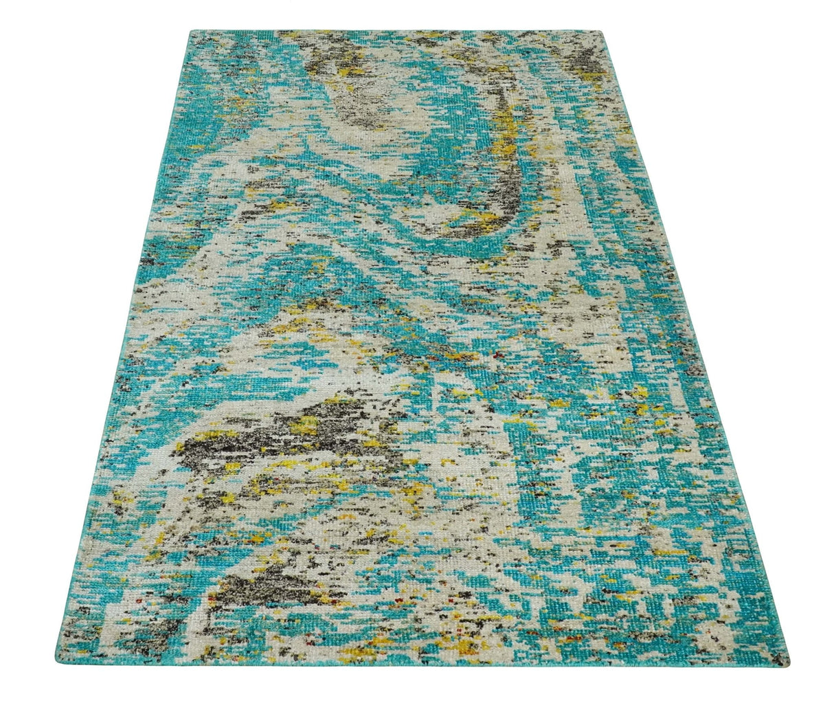 Hand Knotted 5x8 Blue, Ivory and Brown Modern Abstract  Recycled Silk Area Rug