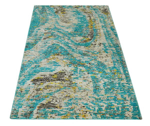 Hand Knotted 5x8 Blue, Ivory and Brown Modern Abstract  Recycled Silk Area Rug
