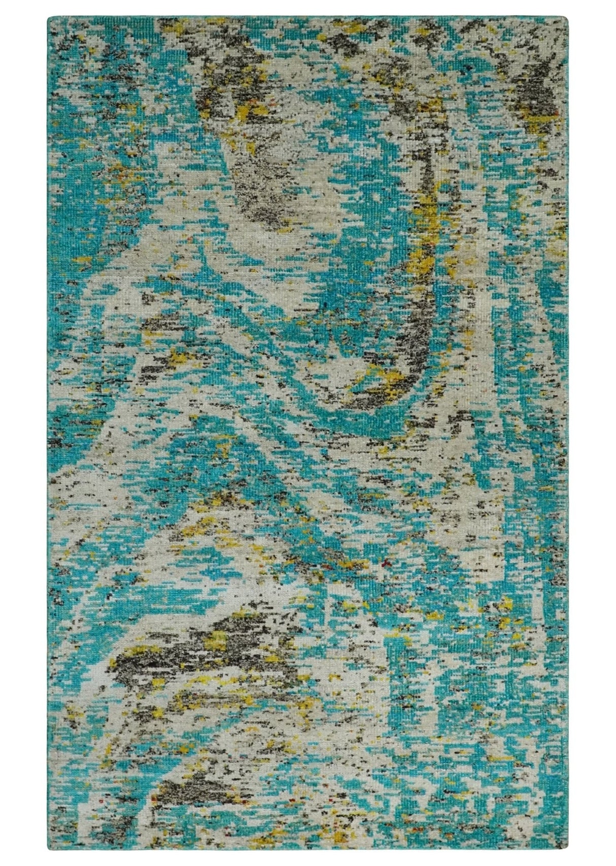 Hand Knotted 5x8 Blue, Ivory and Brown Modern Abstract  Recycled Silk Area Rug