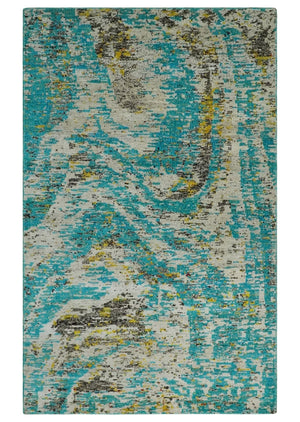 Hand Knotted 5x8 Blue, Ivory and Brown Modern Abstract  Recycled Silk Area Rug
