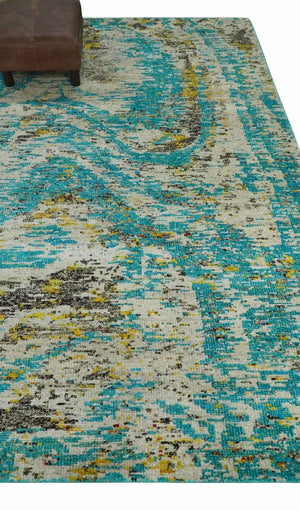 Hand Knotted 5x8 Blue, Ivory and Brown Modern Abstract  Recycled Silk Area Rug