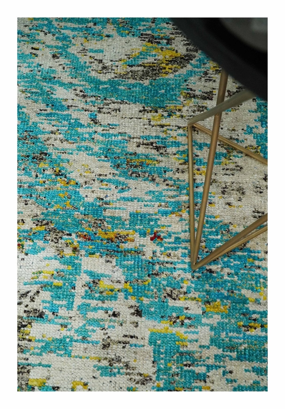 Hand Knotted 5x8 Blue, Ivory and Brown Modern Abstract  Recycled Silk Area Rug