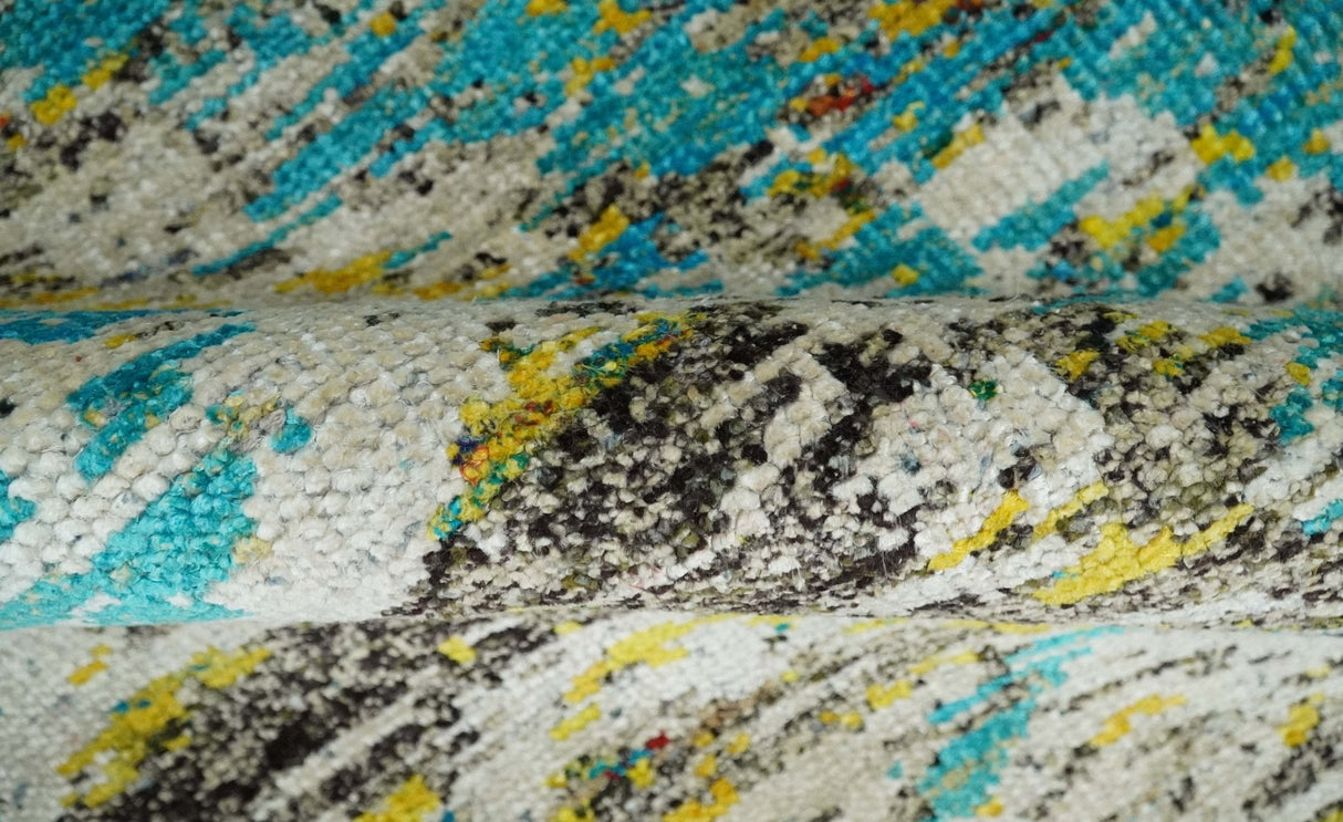 Hand Knotted 5x8 Blue, Ivory and Brown Modern Abstract  Recycled Silk Area Rug